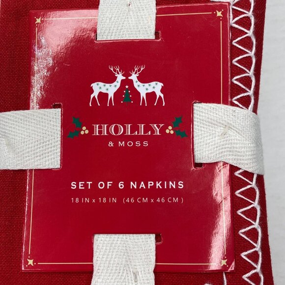 Holly & Moss Red Holiday Napkins Set Of 6 18"x18" Cotton Polyester White Borders - Picture 2 of 5